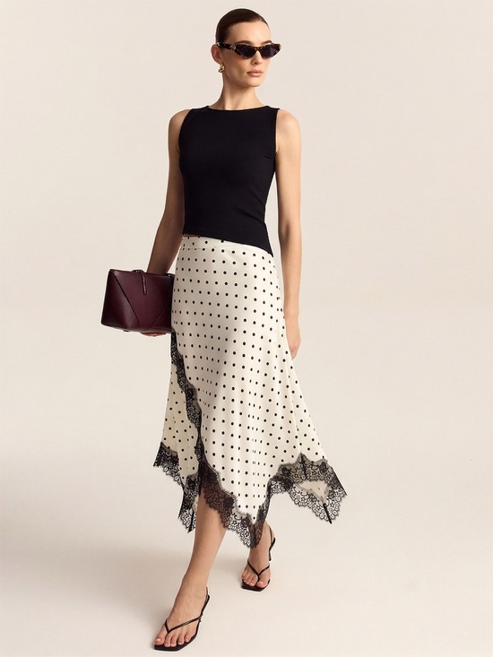 Commense Dresses & Skirts - Commense Satin Polka Dot Lace Trim Midi Skirt - Cream and Black Medium NEW